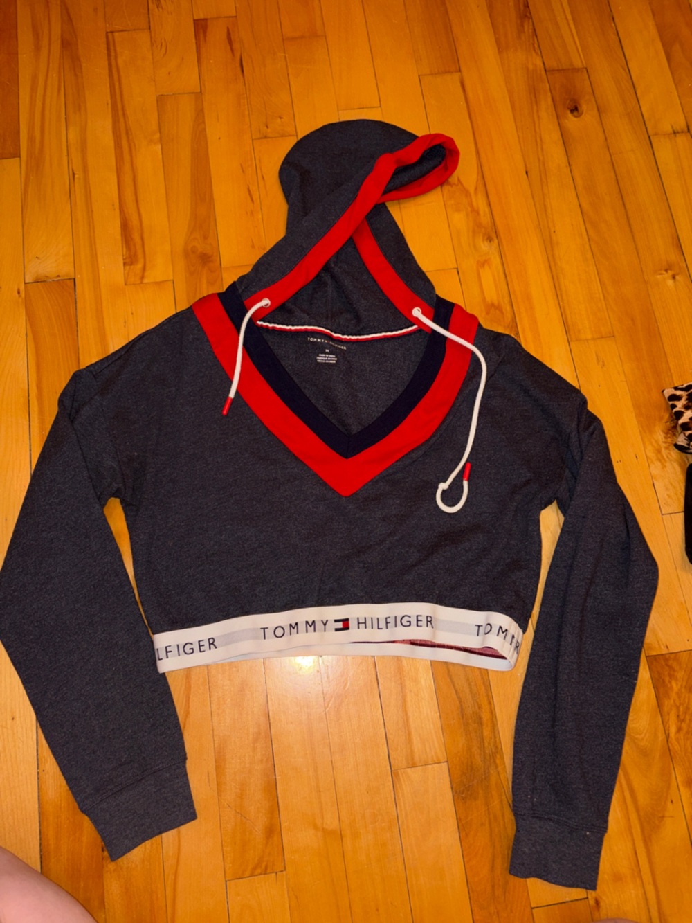 Tommy Hilfiger Navy Hooded Cropped Pullover with Red Trim